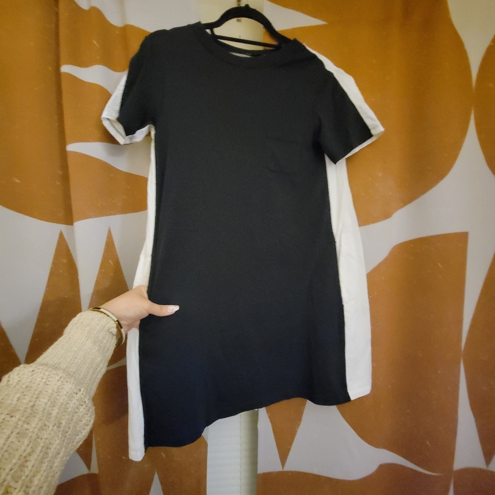 Theory Short Sleeve Crew Neck Navy Pima Cotton T-Shirt White Woven Dress